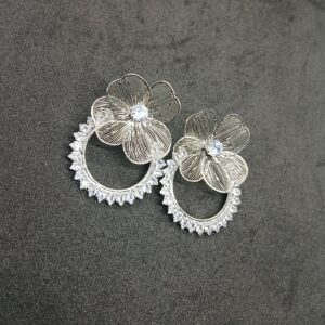 Silver Floral Crystal Hoop Earrings – Timeless Elegance